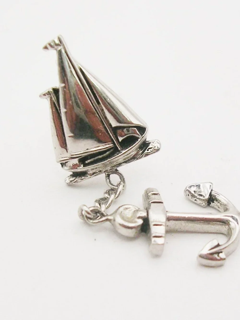 Sailboat Tie Tack Pin with Anchor classic silver tone Men's Formal Wear